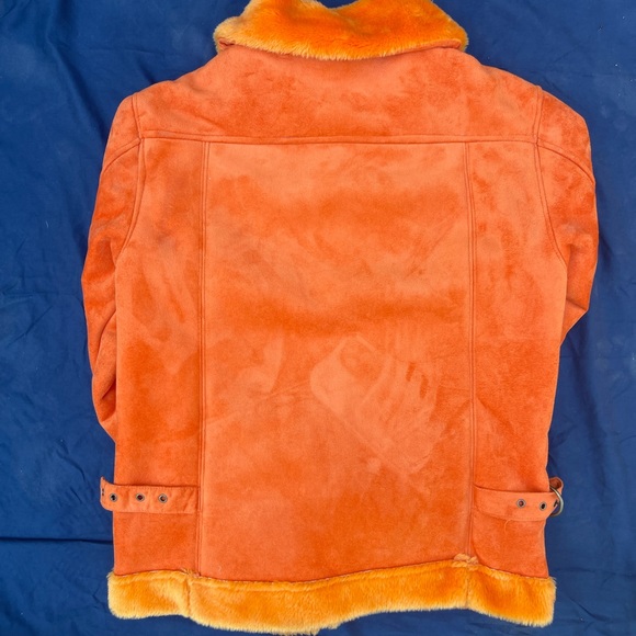 1990s Suede Bright Orange Bomber Zip Up Jacket with Faux Fur Orange Trim LARGE - Picture 6 of 9